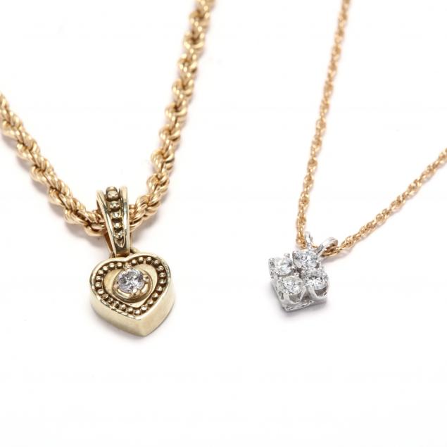 two-14kt-gold-and-diamond-pendant-necklaces