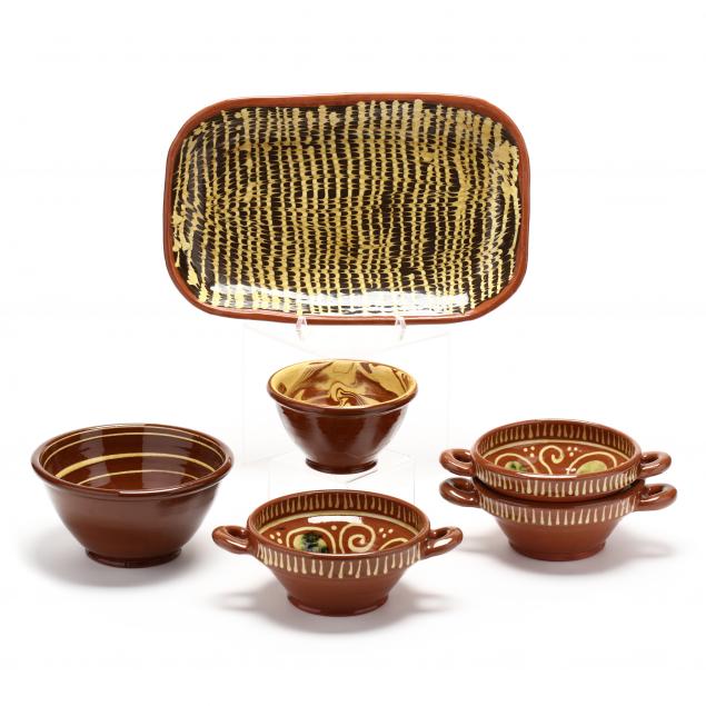 contemporary-slip-decorated-redware-pottery-six-pieces