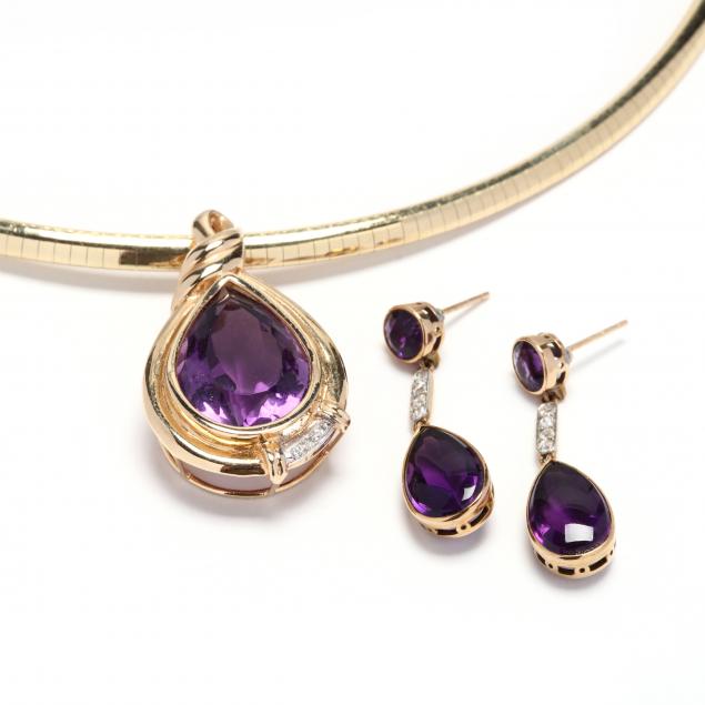 gold-omega-necklace-with-14kt-gold-amethyst-and-diamond-pendant-and-earrings