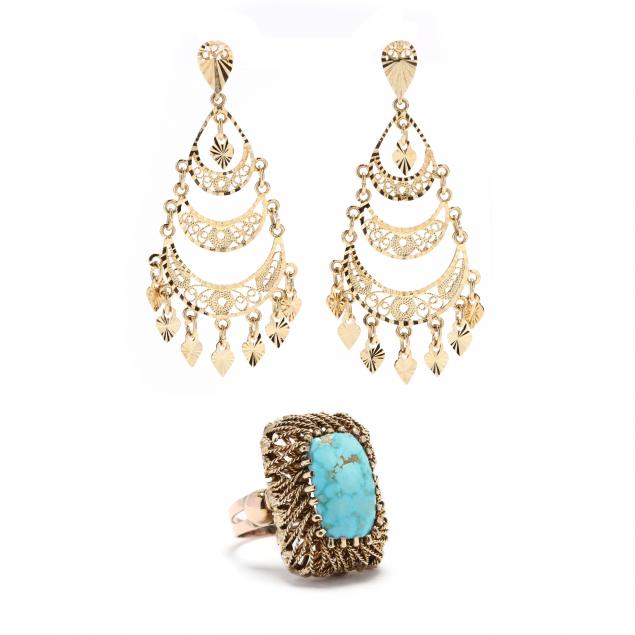 a-gold-and-turquoise-ring-and-a-pair-of-14kt-gold-turkish-dangle-earrings