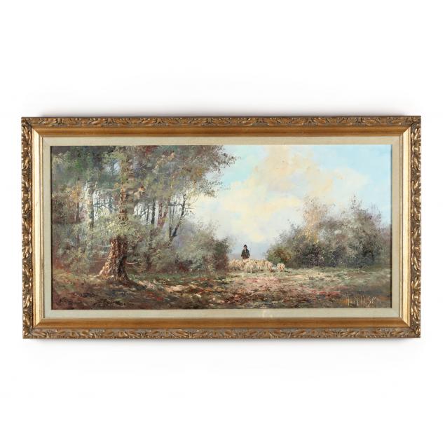 vintage-continental-school-painting-of-a-shepherd-and-his-flock