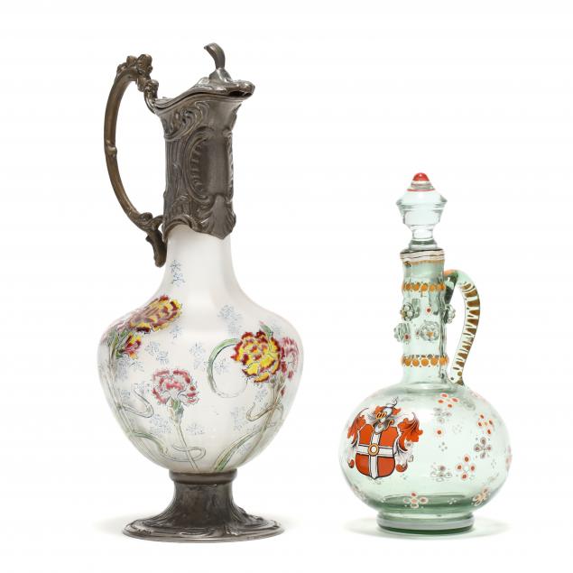 two-antique-enamel-decorated-glass-pitchers