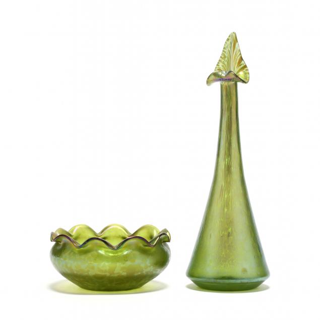att-loetz-crete-papillion-gooseneck-vase-and-bowl