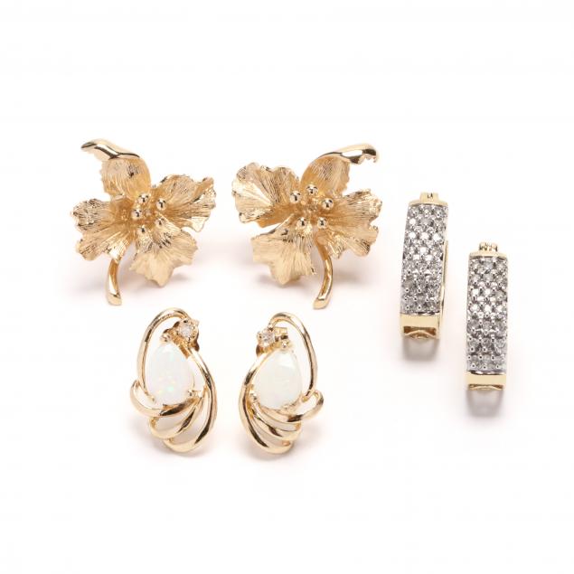 three-pairs-of-gold-and-gem-set-earrings