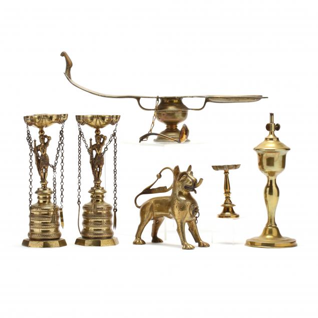 five-antique-brass-oil-lamps