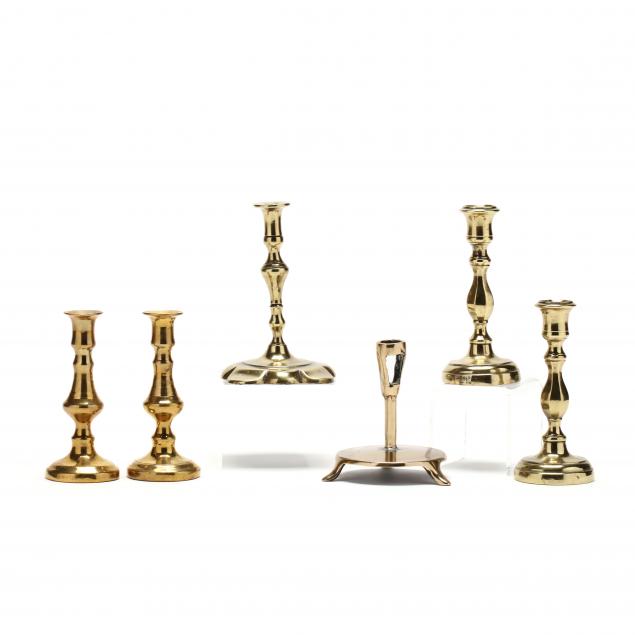 six-antique-brass-miniature-candlesticks