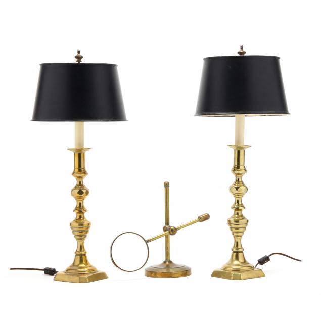 pair-of-brass-candlestick-lamps-and-magnifying-glass