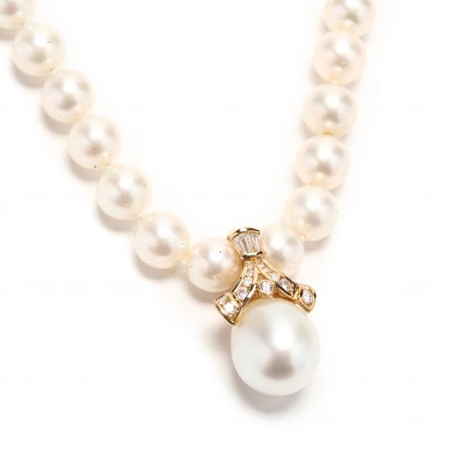 14kt-gold-and-pearl-necklace-and-a-gold-pearl-and-diamond-pendant-enhancer
