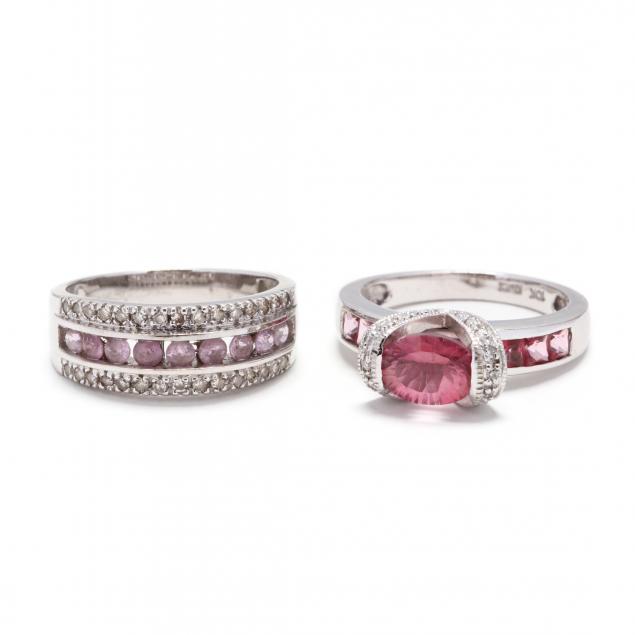 two-white-gold-pink-gemstone-and-diamond-rings