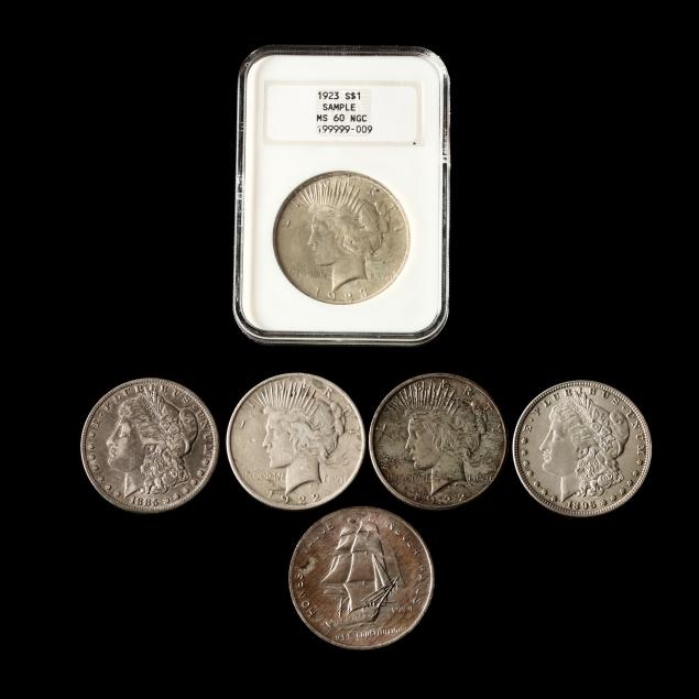 ngc-sample-slab-with-peace-dollar-four-raw-silver-dollars-and-a-private-troy-ounce-round