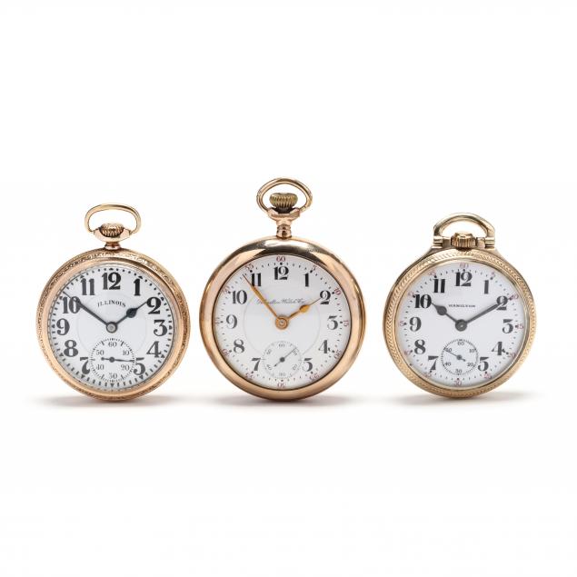 three-vintage-gold-filled-open-face-pocket-watches