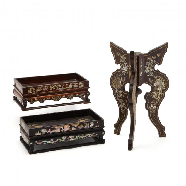 three-chinese-carved-wooden-trays-and-stand-with-mother-of-pearl-inlay