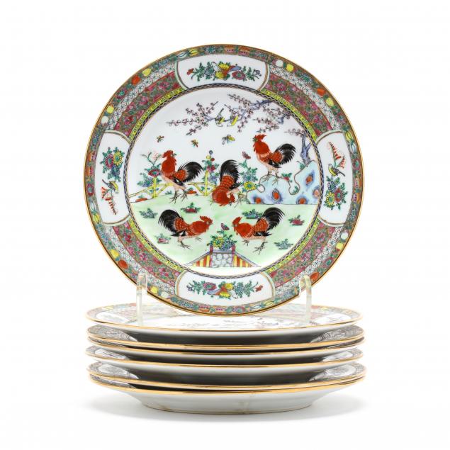a-set-of-seven-chinese-famille-rose-plates-with-roosters