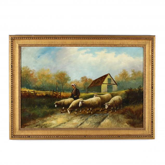 an-antique-folky-painting-of-a-shepherdess-and-her-flock