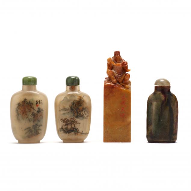 three-chinese-snuff-bottles-and-carved-hardstone-chop-block