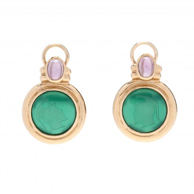14kt-gold-amethyst-and-green-onyx-intaglio-earrings