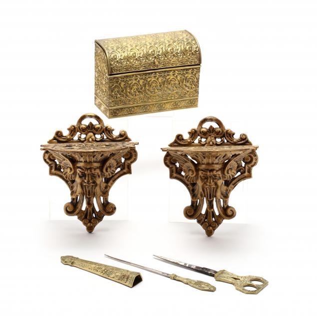 pair-of-iron-wall-brackets-brass-letter-box-and-opener-set