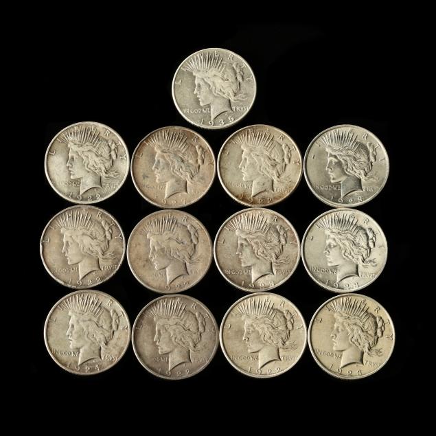thirteen-13-circulated-peace-silver-dollars