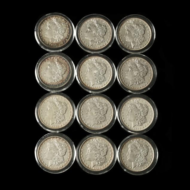 twelve-early-1880s-new-orleans-mint-morgan-silver-dollars