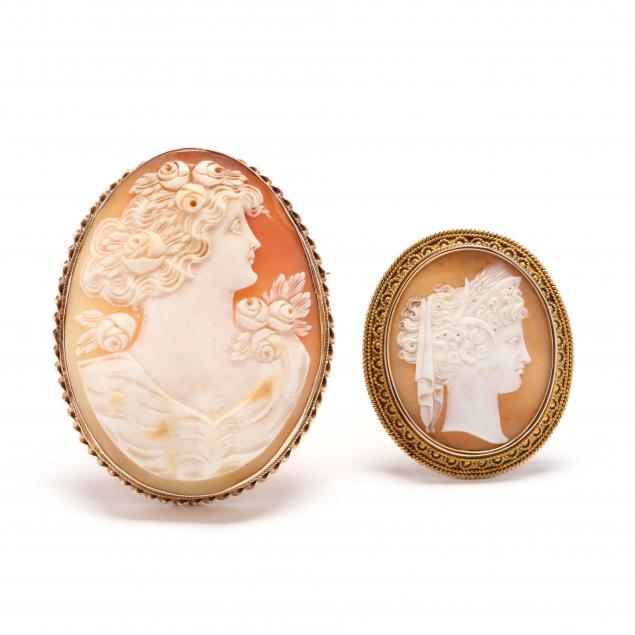 two-gold-and-carved-shell-cameo-brooches-pendants