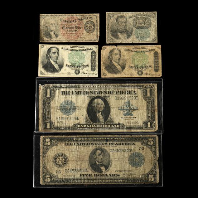four-examples-of-fractional-currency-and-two-large-size-notes