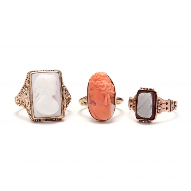 three-gold-and-cameo-gemstone-rings