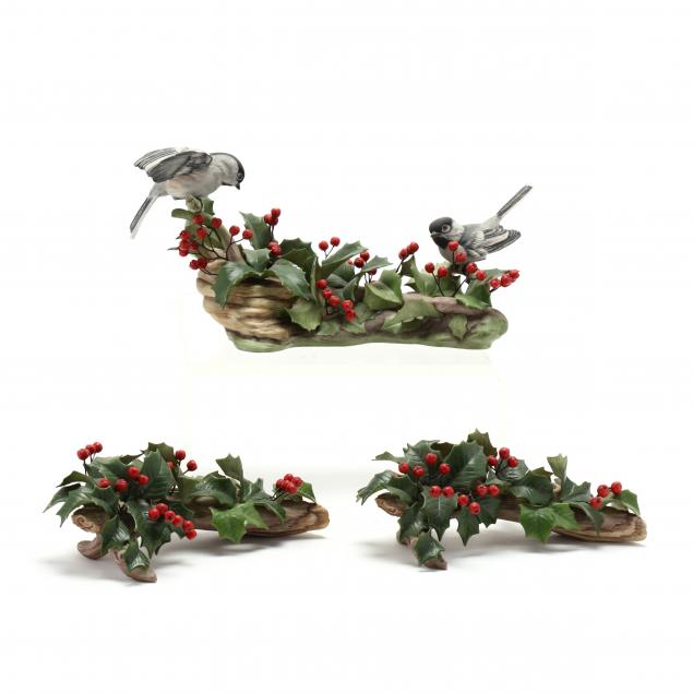 boehm-porcelain-black-capped-chickadee-and-pair-of-holly-candlesticks