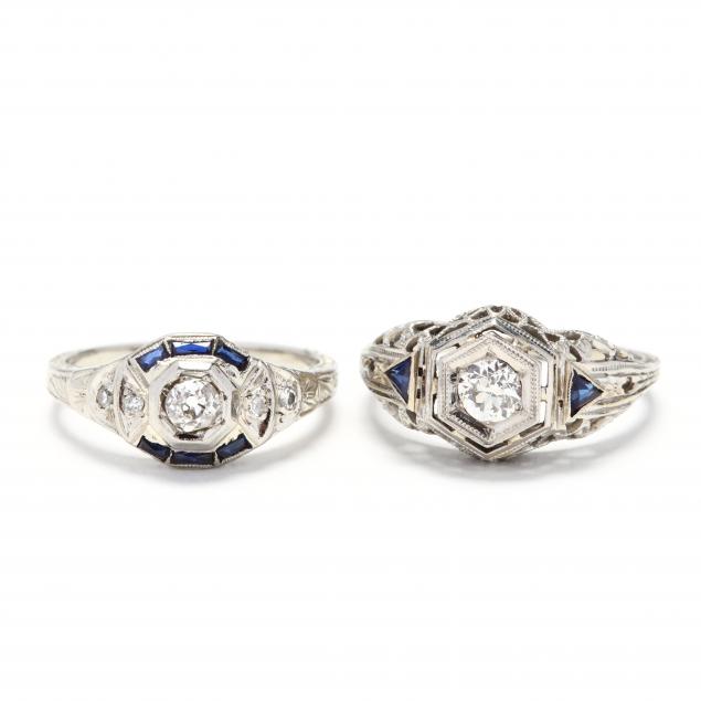 two-antique-18kt-white-gold-diamond-and-synthetic-sapphire-rings