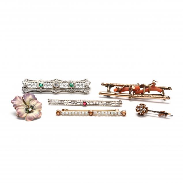 five-antique-gem-set-bar-brooches-and-an-art-nourveau-pansy-brooch