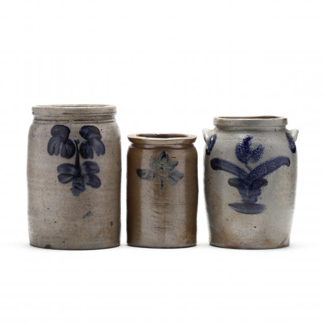 three-cobalt-decorated-stoneware-jars