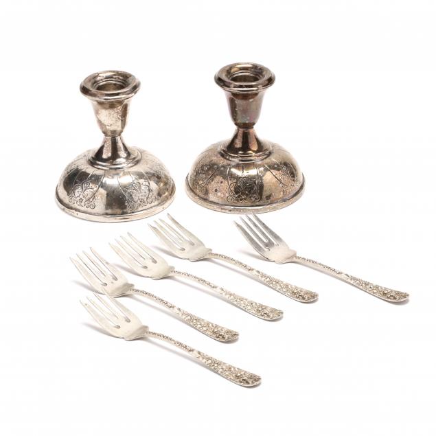 five-stieff-rose-sterling-silver-salad-forks-and-a-pair-of-candlesticks