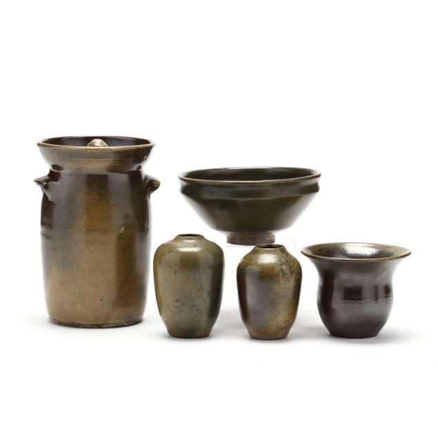 nc-pottery-jugtown-ben-owen-master-potter-five-pieces-frogskin-glaze