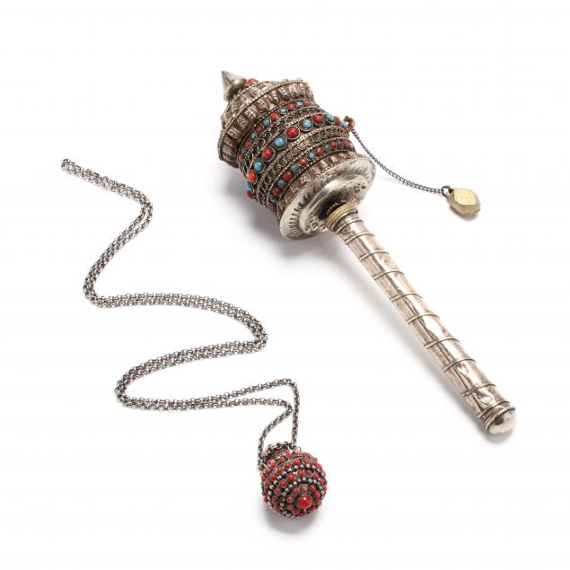 a-tibetan-silver-tone-prayer-wheel-and-snuff-bottle