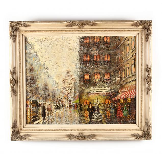 a-large-vintage-painting-of-a-parisian-street-scene