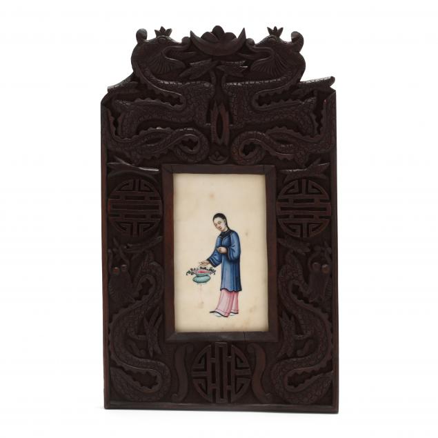 a-chinese-pith-painting-in-a-wooden-dragon-frame