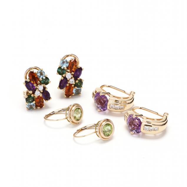three-pairs-of-gold-and-gem-set-earrings