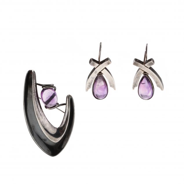 a-mid-century-sterling-silver-and-amethyst-brooch-and-earrings-mexico