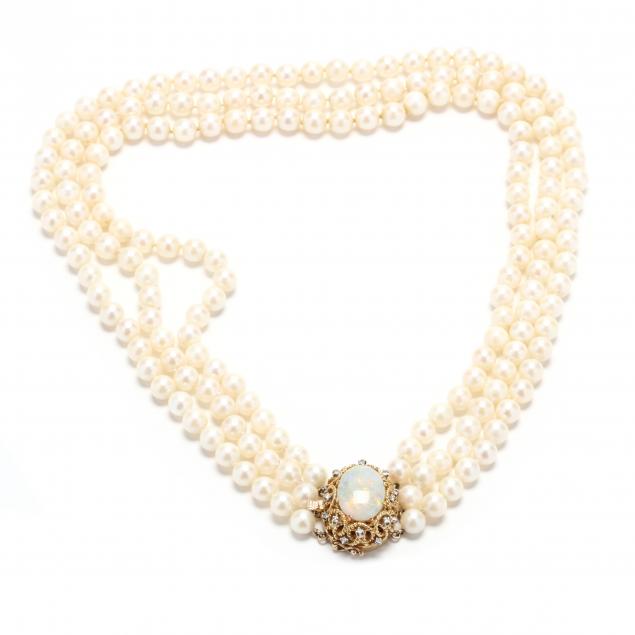 multi-strand-pearl-necklace-with-18kt-gold-opal-and-diamond-clasp