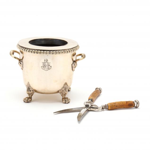 antique-english-silverplate-armorial-wine-cooler-and-stag-handled-shears