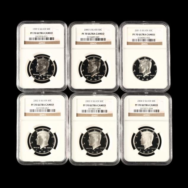 six-ngc-graded-pf70-ultra-cameo-modern-silver-half-dollars