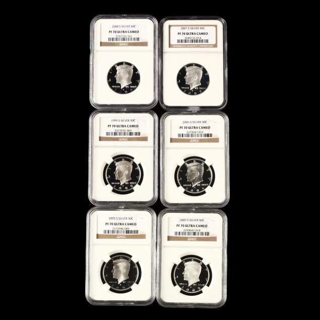 six-ngc-graded-pf70-ultra-cameo-modern-silver-half-dollars