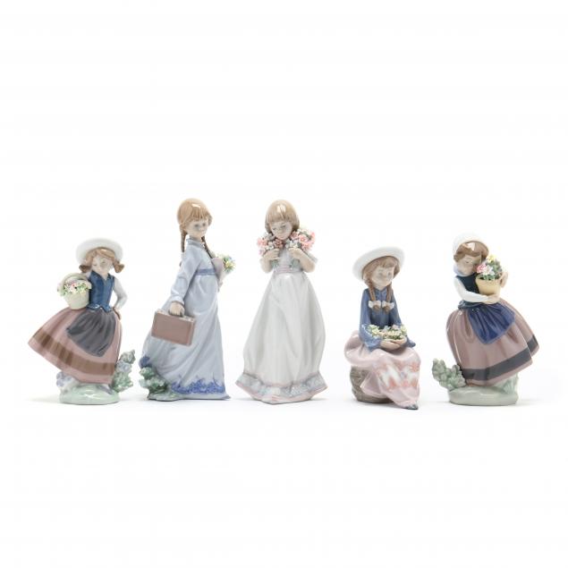 five-lladro-figures-of-young-girls-carrying-flowers