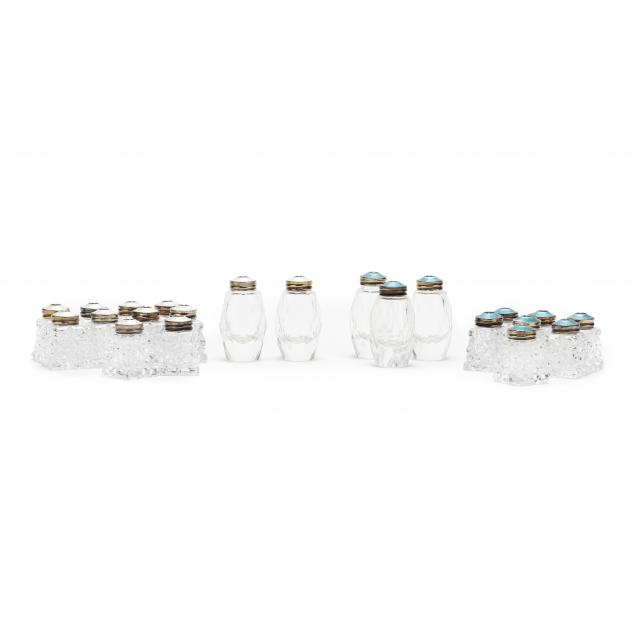 a-large-suite-of-cut-glass-and-enameled-sterling-silver-salt-pepper-shakers