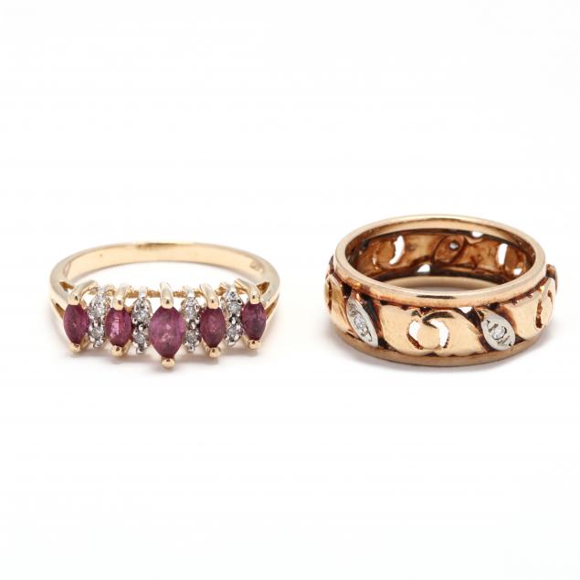 two-14kt-gold-and-gem-set-bands