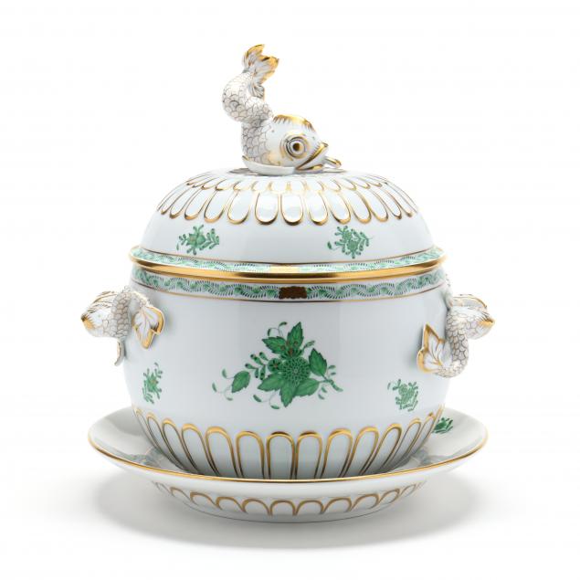 herend-chinese-bouquet-green-tureen-and-under-plate