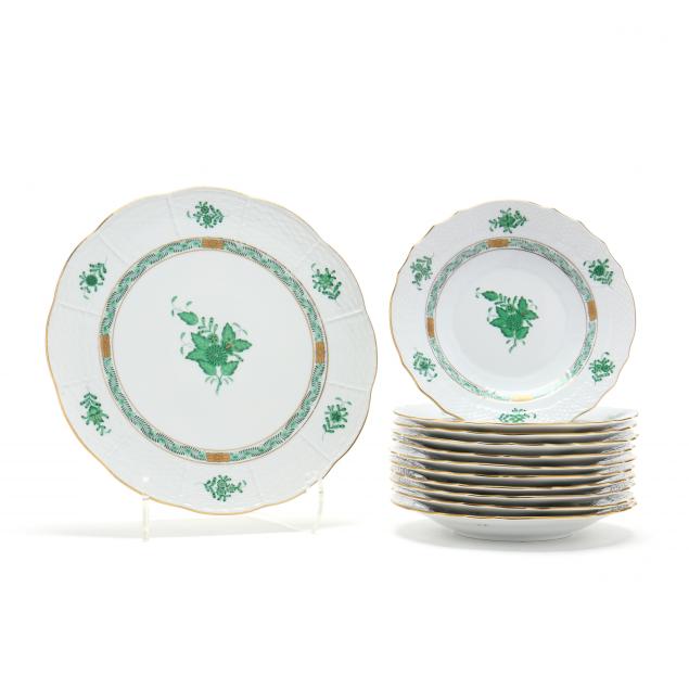 herend-cake-plate-and-eleven-dessert-plates-chinese-bouquet-green