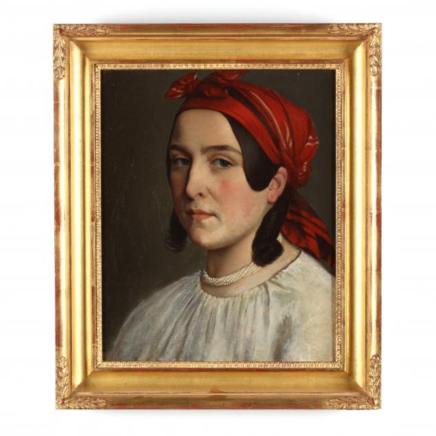 italian-school-portrait-of-a-woman-with-red-scarf-pearls