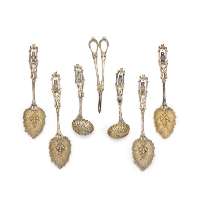 victorian-parcel-gilt-silverplate-serving-set-with-owl-acorn-motif