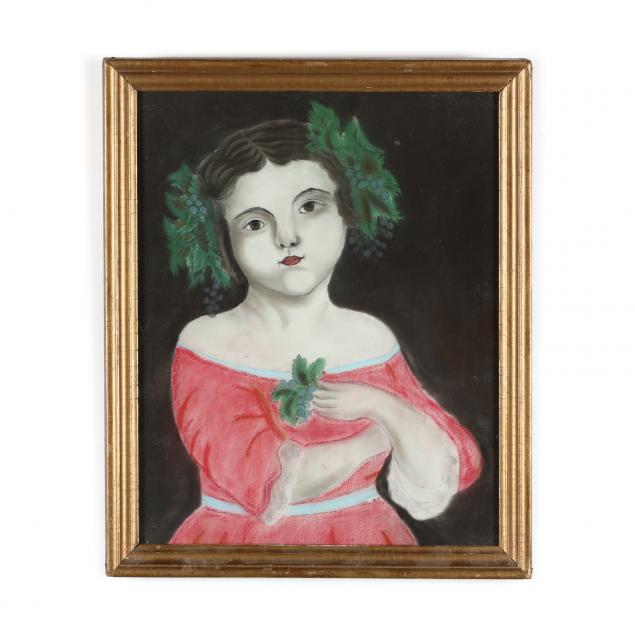 an-antique-pastel-drawing-of-a-young-girl-with-grapes