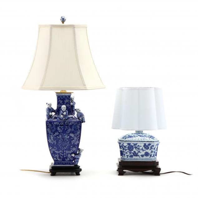 two-chinese-blue-and-white-table-lamps